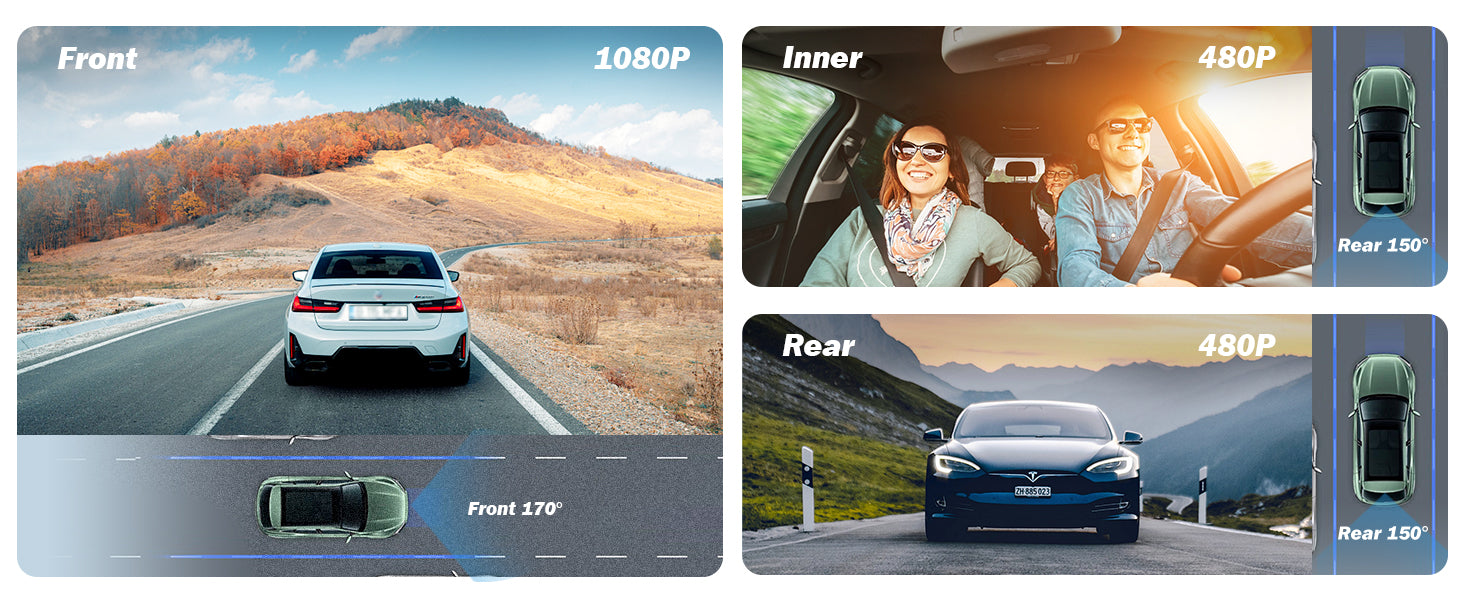 3 Channel Dash Cam, 1080P Dash Cam Front and Rear Inside