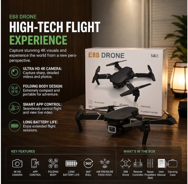 E88 Pro Foldable Drone — 4K Wide Angle Camera, WiFi FPV, Altitude Hold & Carrying Case Included