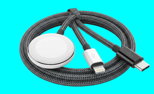 3-in-1 Multi Charging Cable — USB-C, Lightning & Apple Watch Charger, Braided Nylon, Travel Size