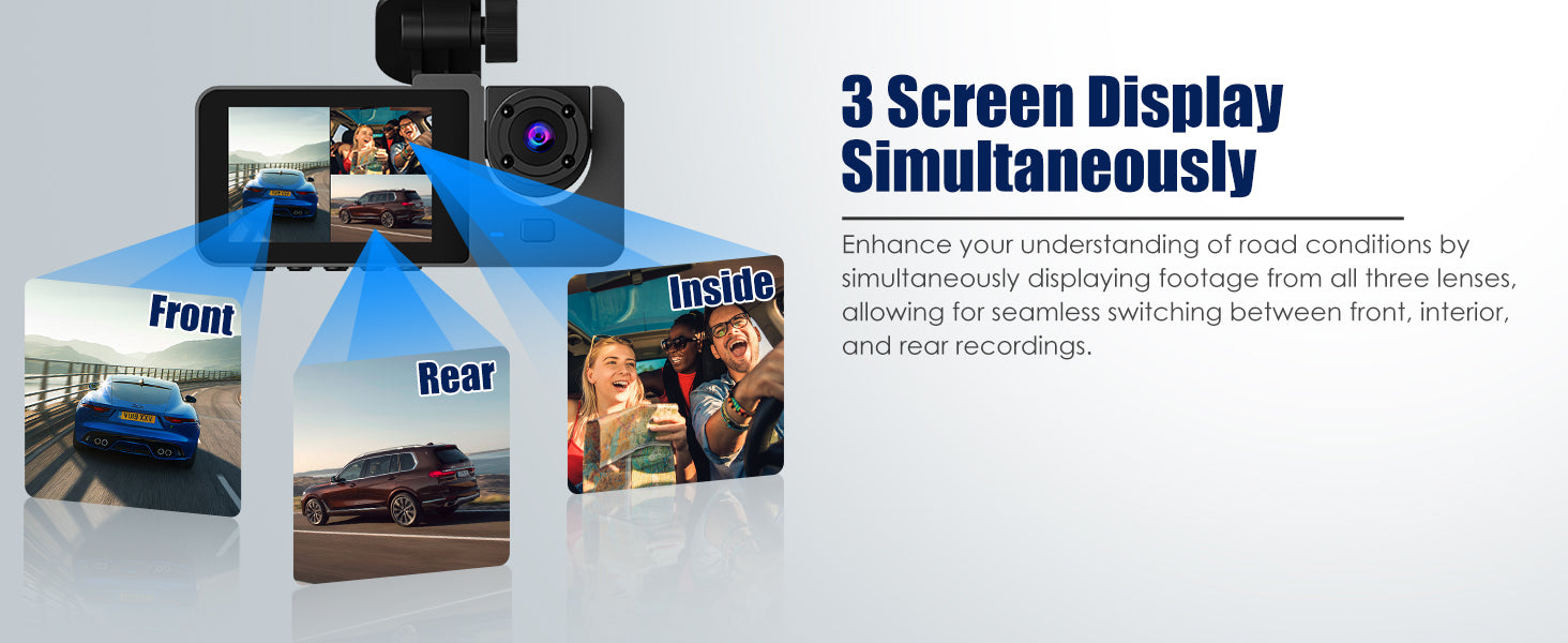 3 Channel Dash Cam, 1080P Dash Cam Front and Rear Inside