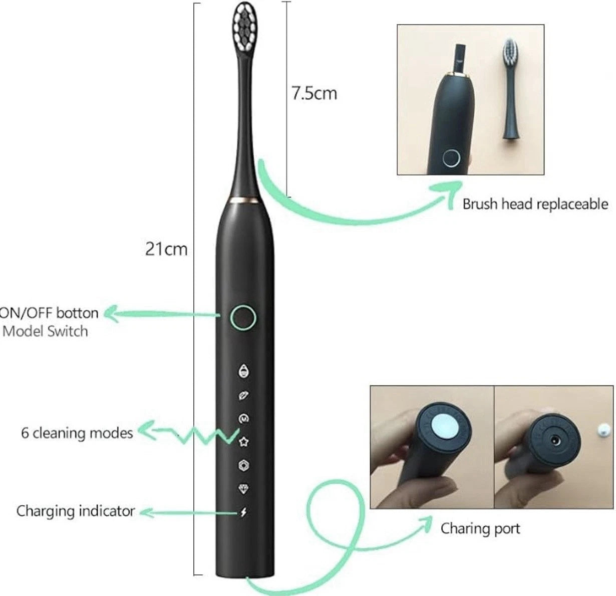 IPX7 X-2 Sonic Toothbrush ZD-X2 Fast Charge 6-Speed Pink/Black (2pk)